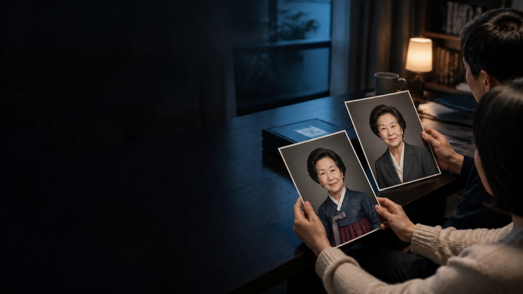 가족이 두 장의 결과 사진을 함께 살펴보는 장면(합성 이미지)