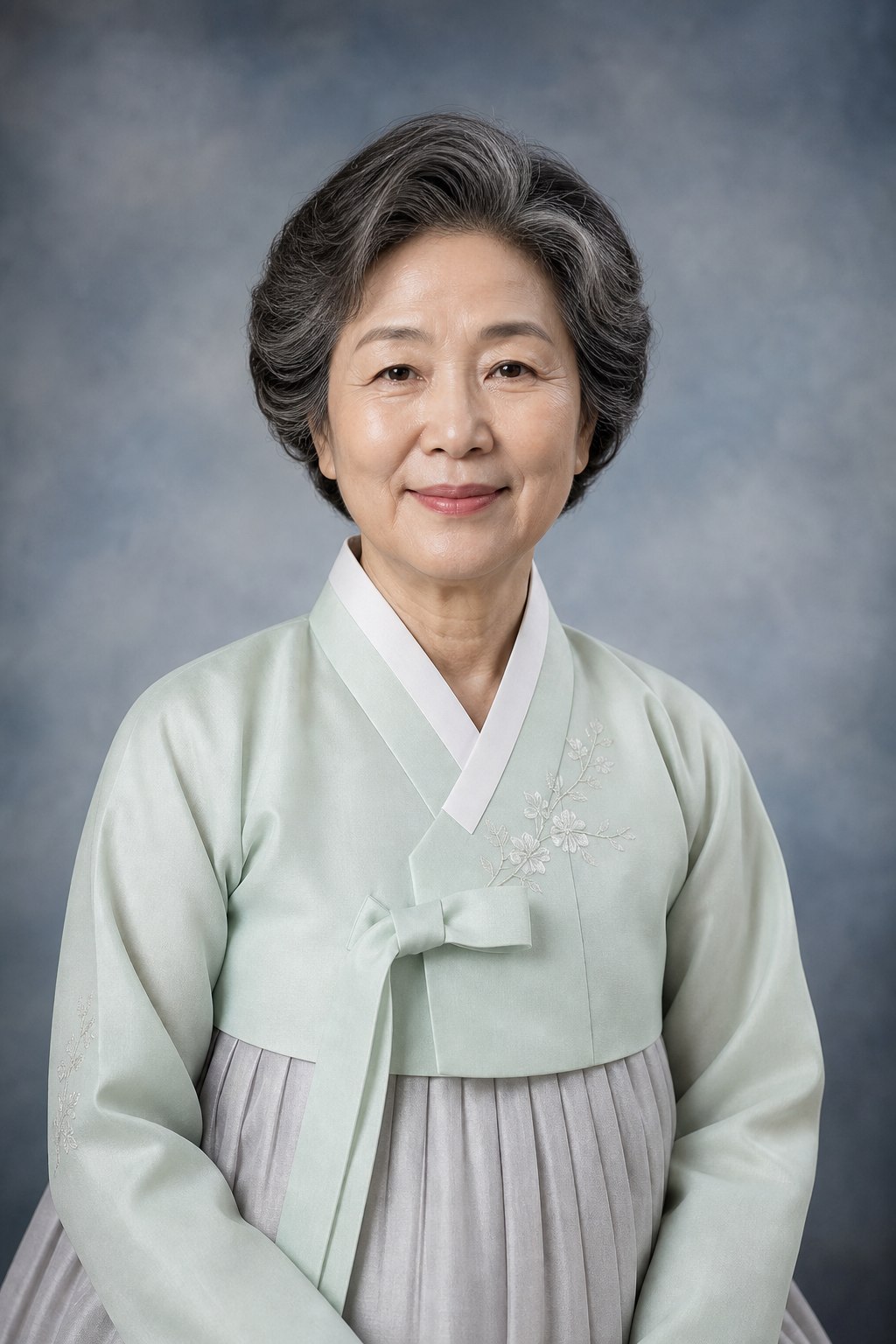 민트 한복을 입은 고령 여성의 합성 예시 이미지