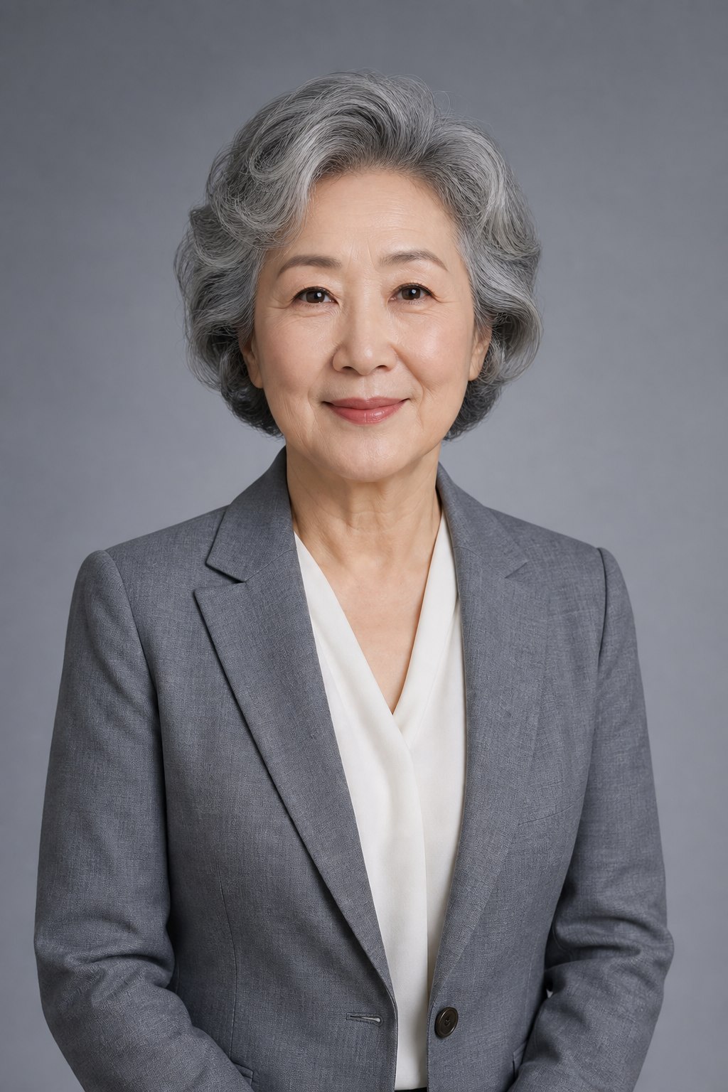 그레이 포멀을 입은 고령 여성의 합성 예시 이미지