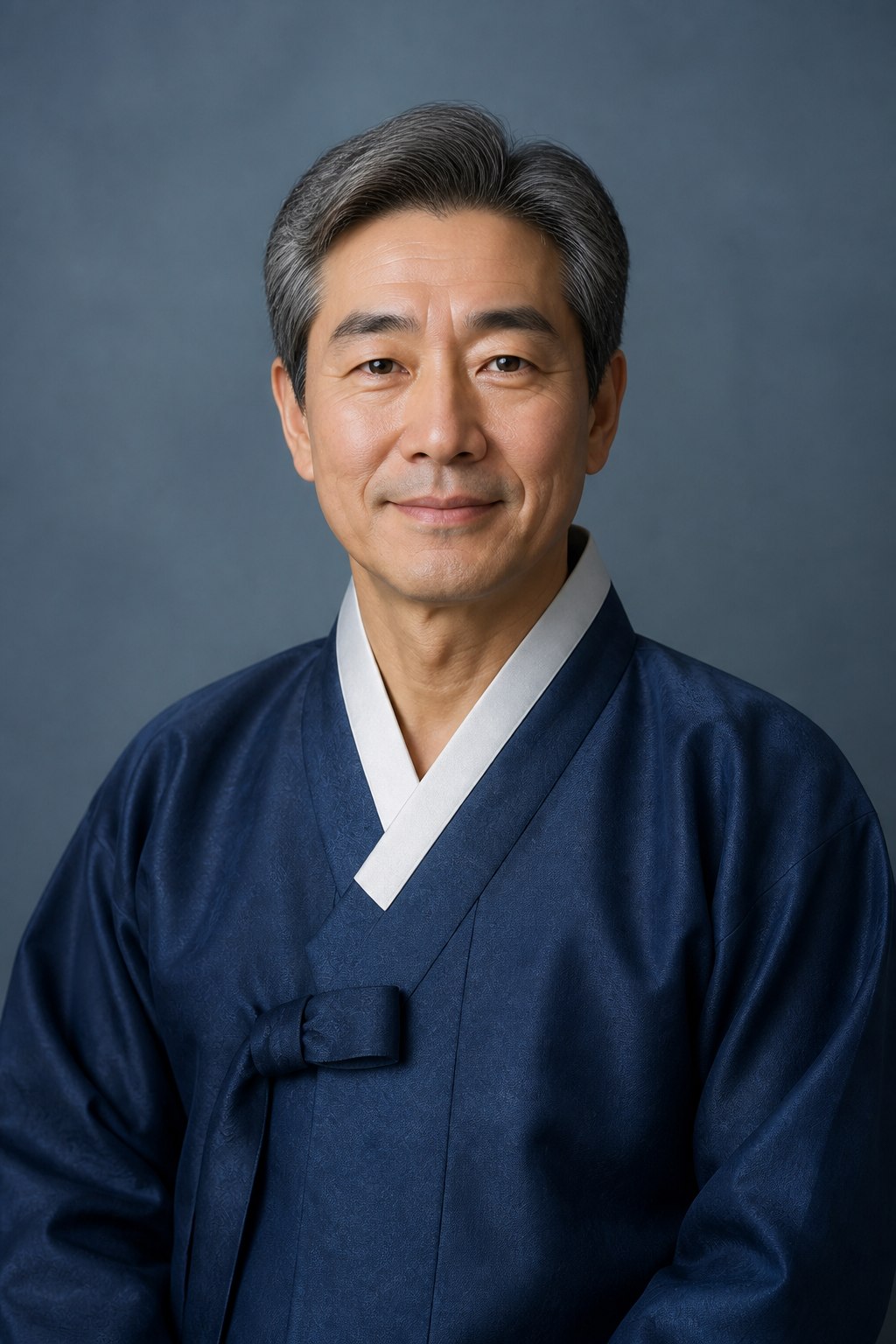 딥 블루 한복을 입은 중년 남성의 합성 예시 이미지