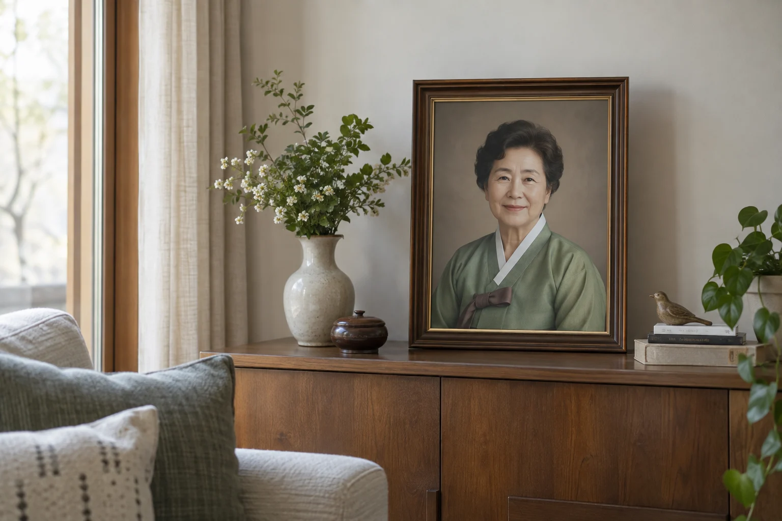 집 안 선반에 놓인 차분한 회색 배경의 한복 인물 사진