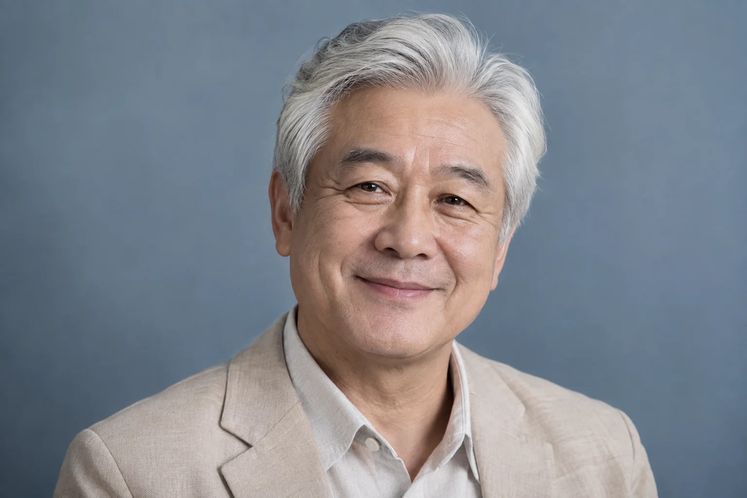 밝은 재킷과 은빛 머리카락이 청회색 배경에서 구분되는 인물 사진
