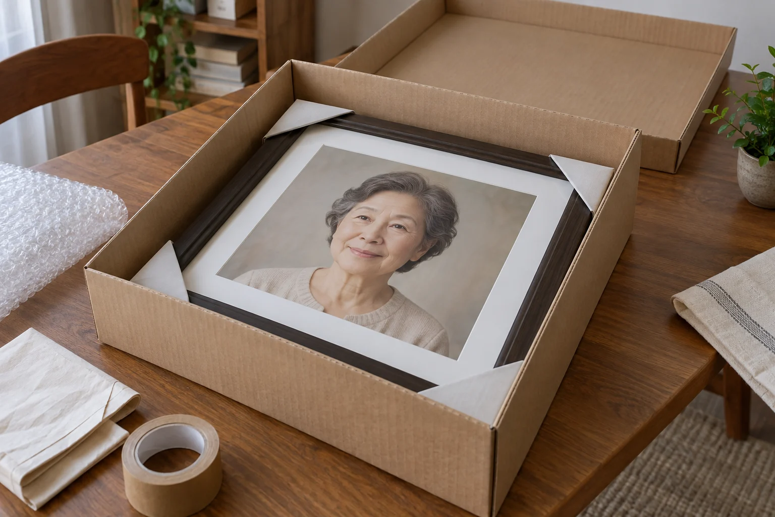 보호 포장재와 배송 상자 안에 담긴 인물 사진 액자의 설명용 장면