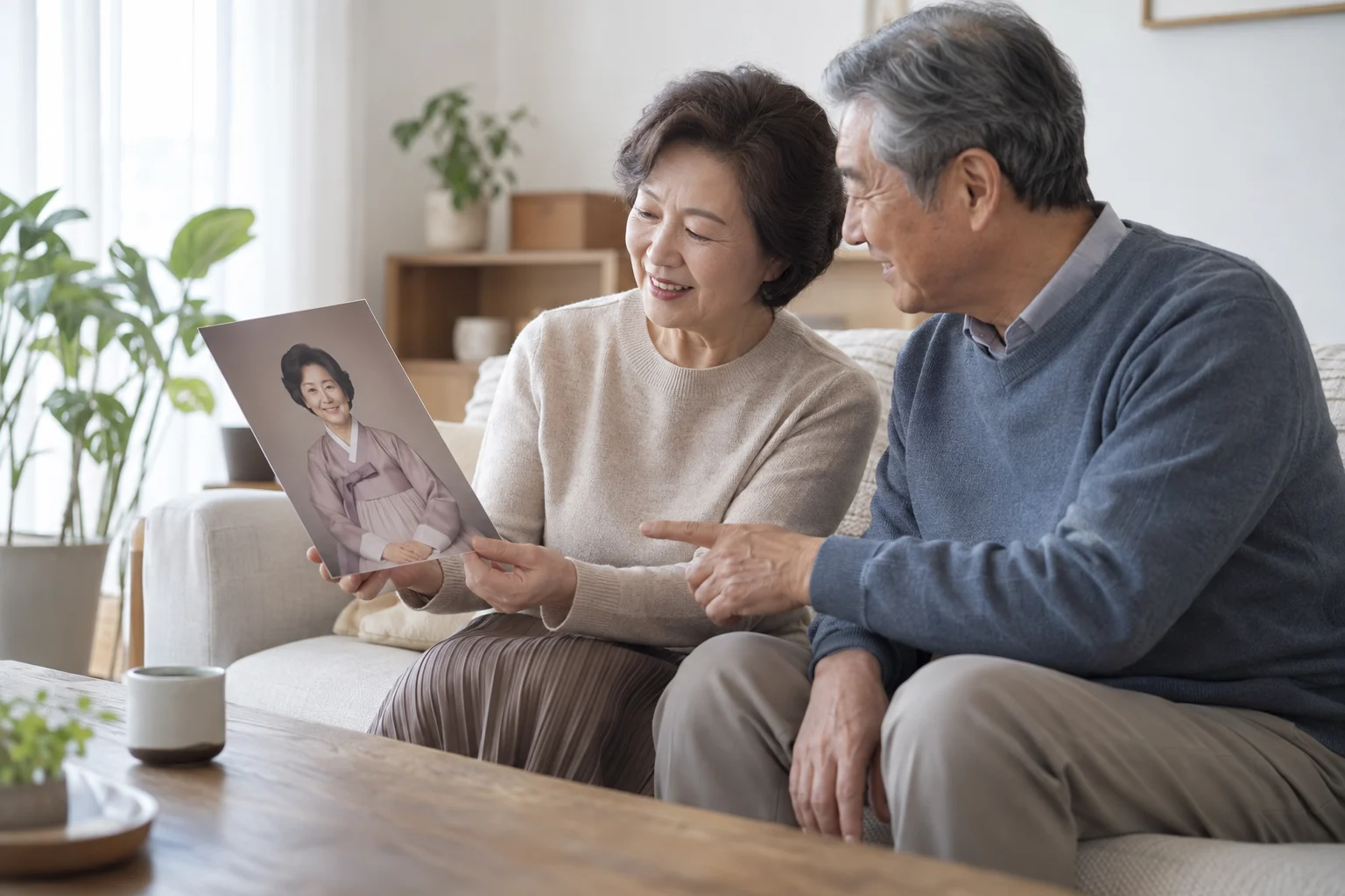 집에서 한복 차림 인물 사진을 함께 보고 고르는 부부