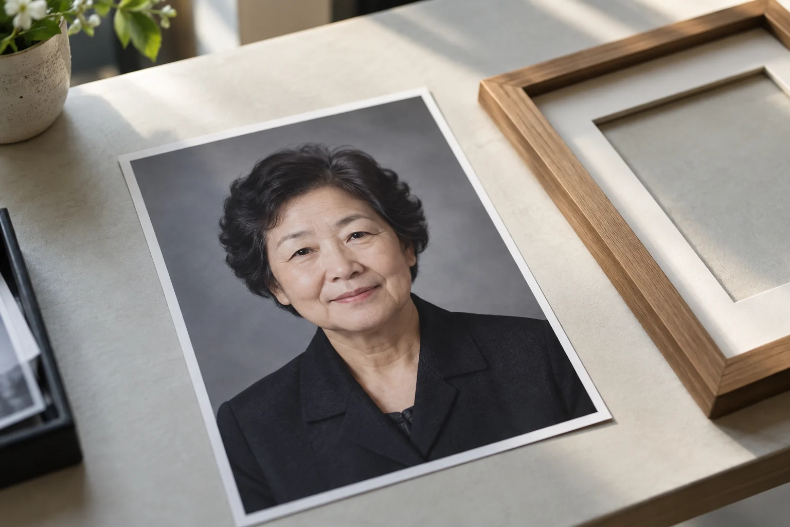 인화한 인물 사진과 별도로 놓인 빈 액자
