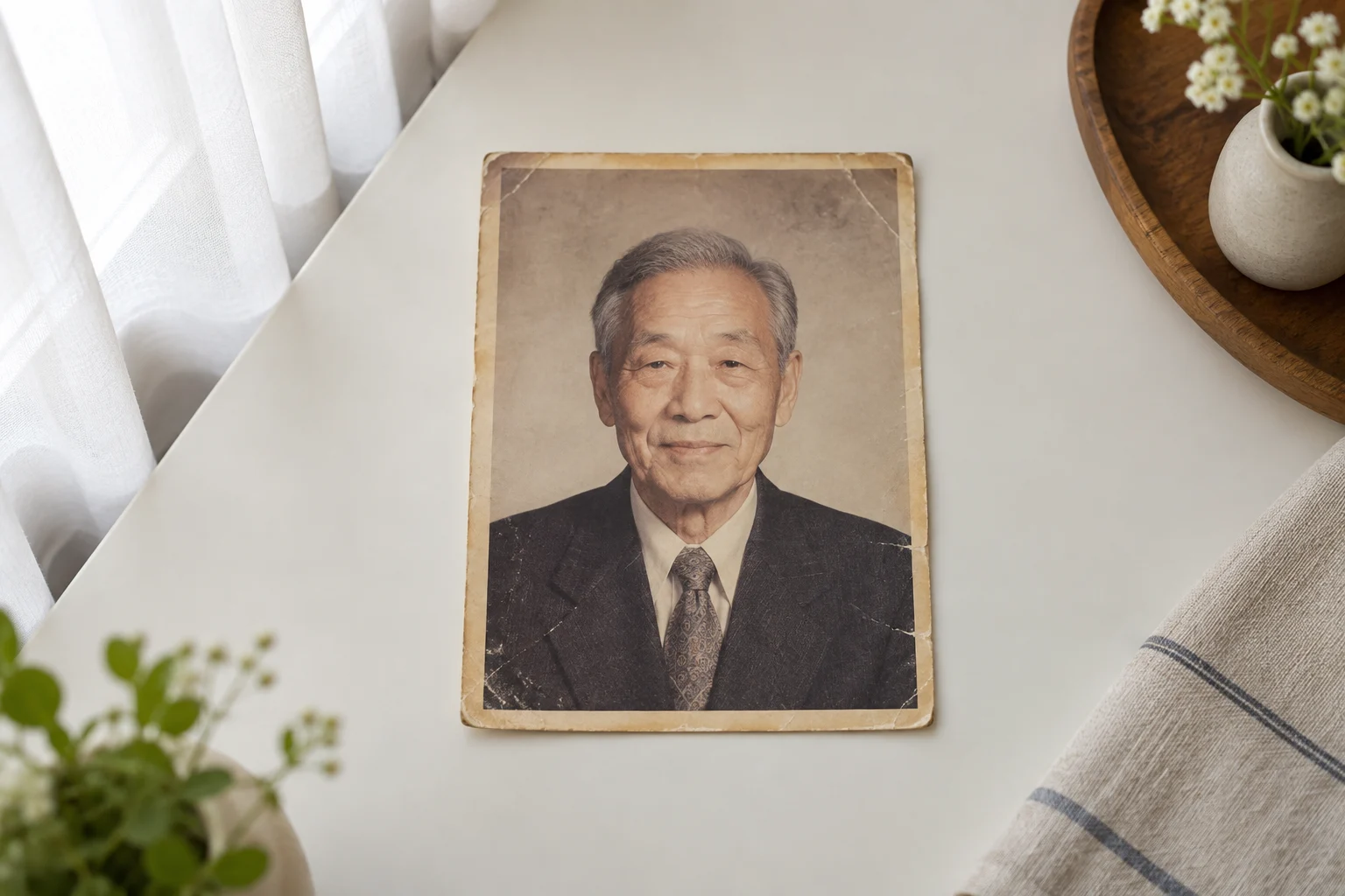 부드러운 창가 빛이 비치는 평평한 테이블에 놓인 오래된 인물 사진