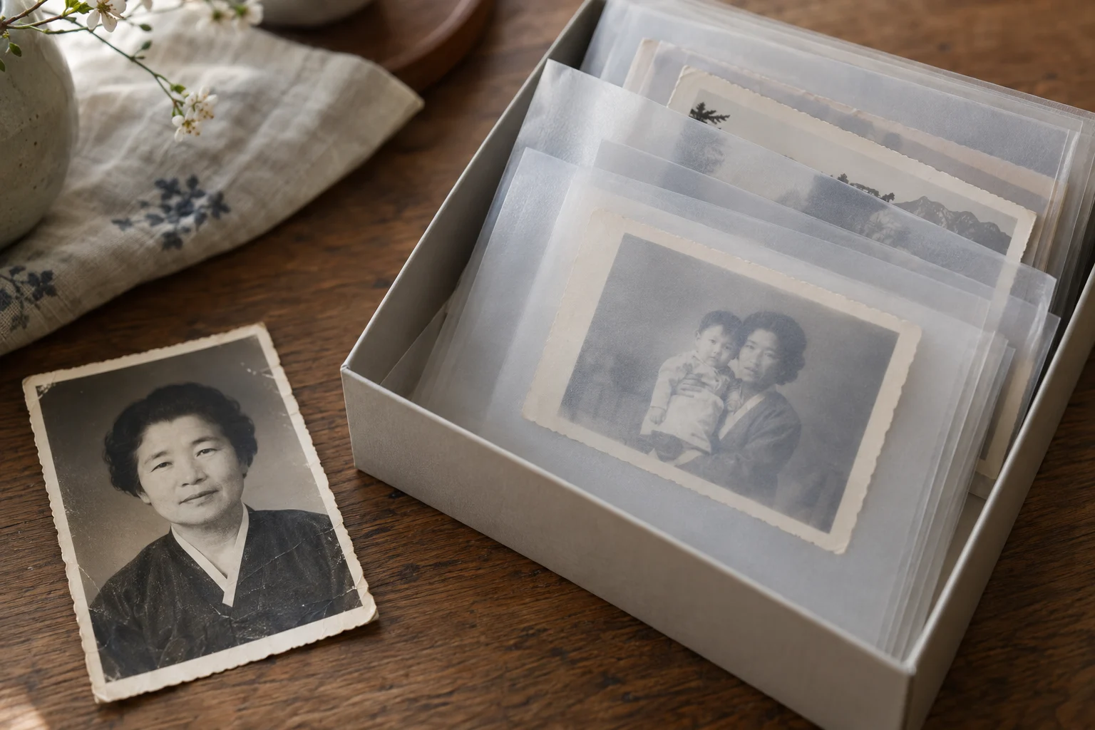 보관용 슬리브와 상자에 나눠 정리한 오래된 인물 사진